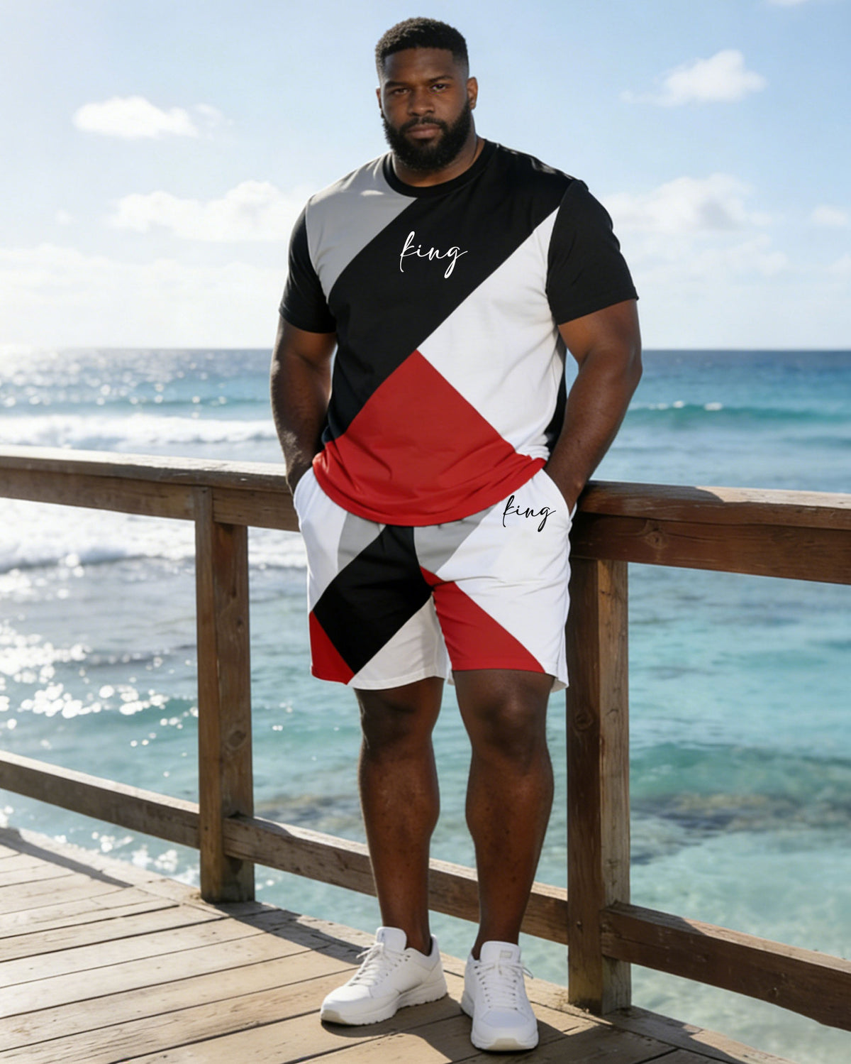 Hawaii Vacation Simple Stitching Chest "king" Slogan Printing Short Sleeve T-shirt Shorts Suit Large Size Men