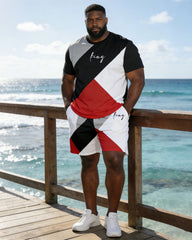 Hawaii Vacation Simple Stitching Chest "king" Slogan Printing Short Sleeve T-shirt Shorts Suit Large Size Men