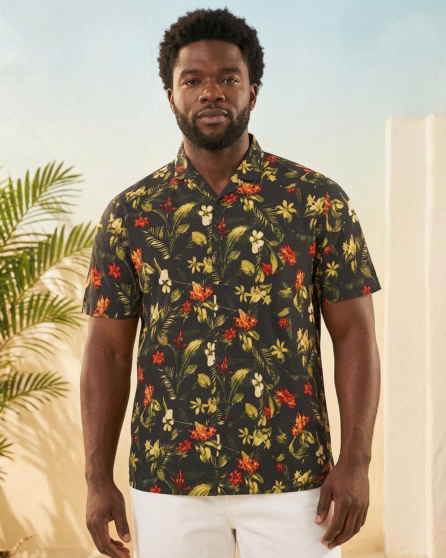 Big & Tall Men's Hawaiian Holiday Leaf Full Printed Cardigan Short Sleeve Shirt