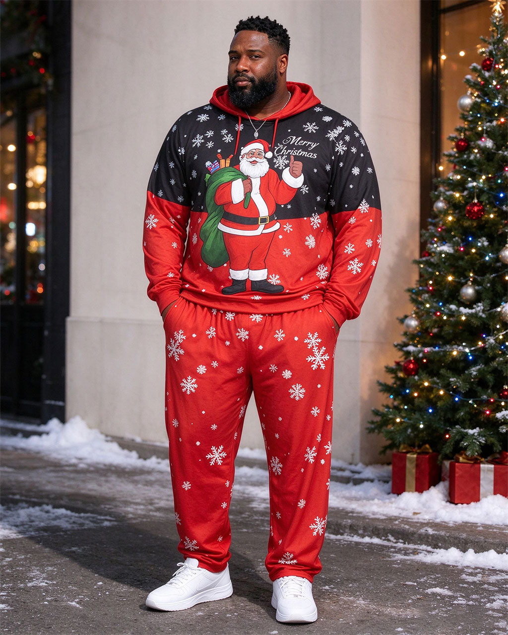 Large Size Men's Autumn And Winter Warm Red & Black Snowflake Santa Hoodie Sweatpants Set