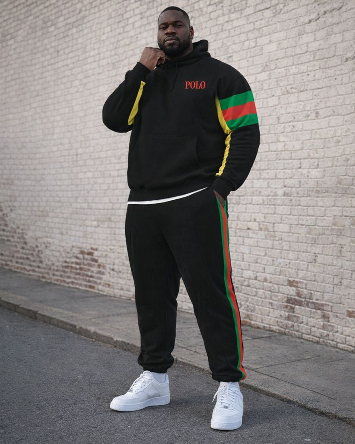 Large Size Men's Autumn And Winter Warm Woven Belt Printed Black Hoodie Sweatpants Set