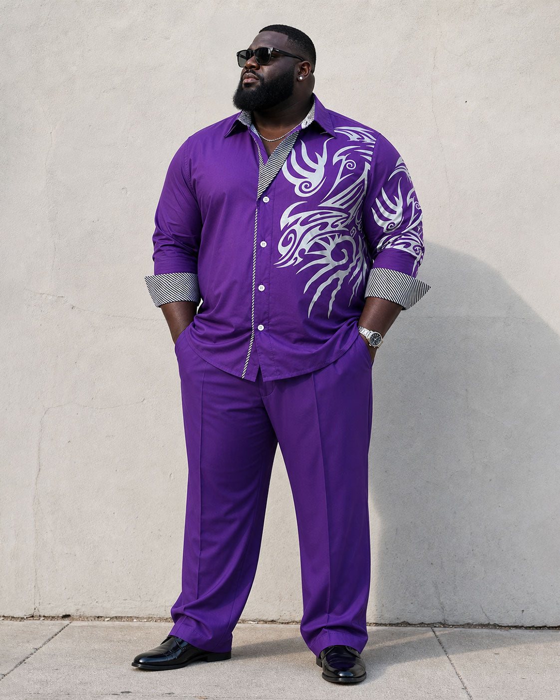 Big & Tall Men's Purple Business Features Stitching Positioning Printing Long Sleeve Shirt Pants Set
