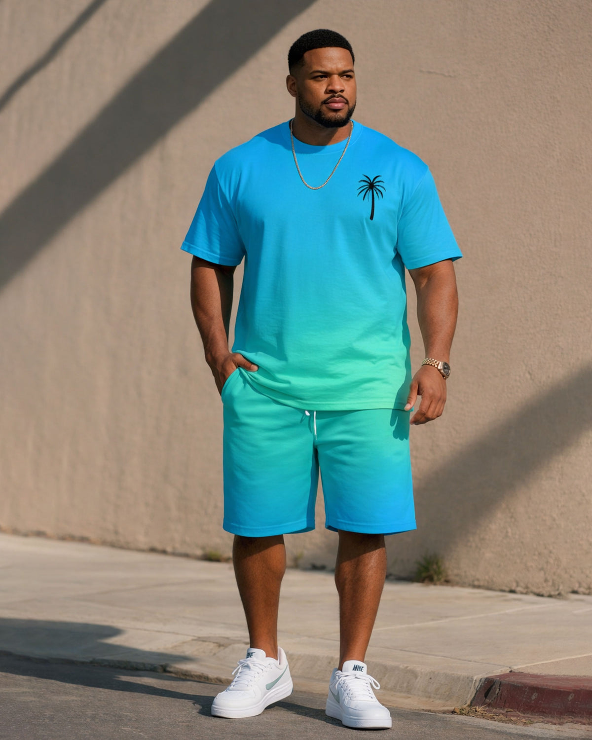 Big & Tall Men's Blue Gradient Chest Coconut Tree Simple Hawaiian T-Shirt Shorts Set