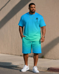 Big & Tall Men's Blue Gradient Chest Coconut Tree Simple Hawaiian T-Shirt Shorts Set