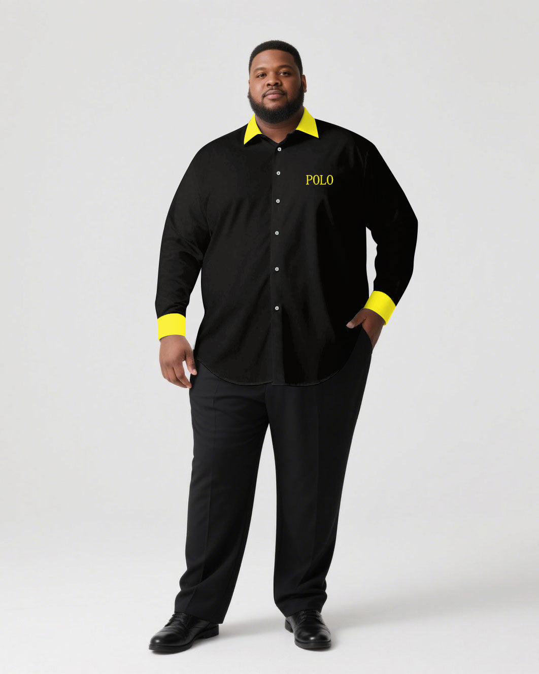 Men's Plus Size Casual Simple Black & Yellow Collar And Cuff Contrast Color Simple Long Sleeve Shirt Trousers Business Casual Suit