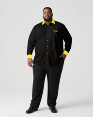Men's Plus Size Casual Simple Black & Yellow Collar And Cuff Contrast Color Simple Long Sleeve Shirt Trousers Business Casual Suit