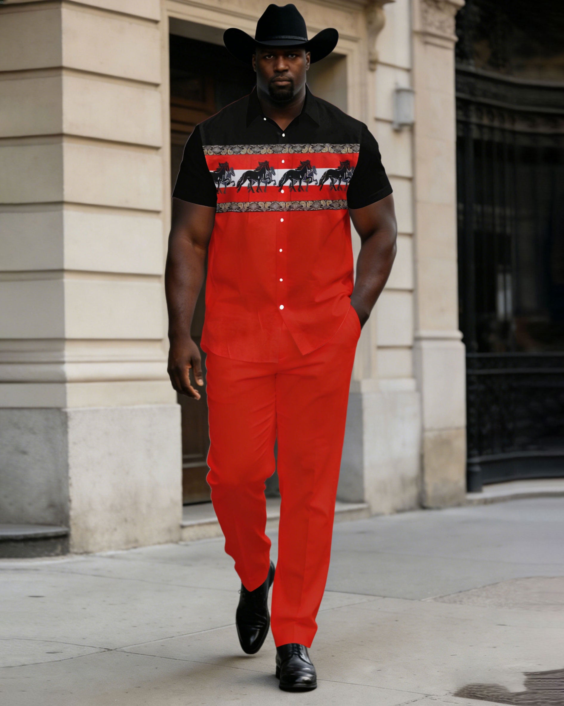 Big & Tall Men's Western Black & Black Hemp Group Pair Printed Short Sleeve Shirt Trousers Suit