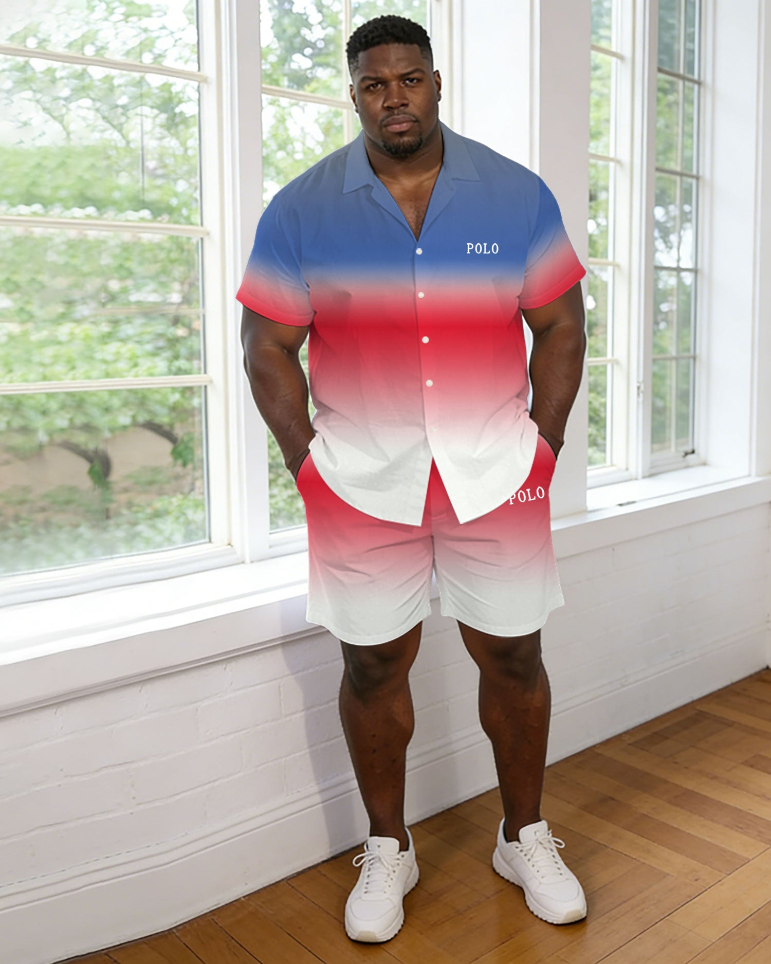 Men's Plus Size Pink & Blue & White Gradient Shirt Pants Set