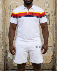 Big & Tall Men's White & Thick Stripe Stitching Chest Small Label POLO Shirt Short Sleeve Shorts Set