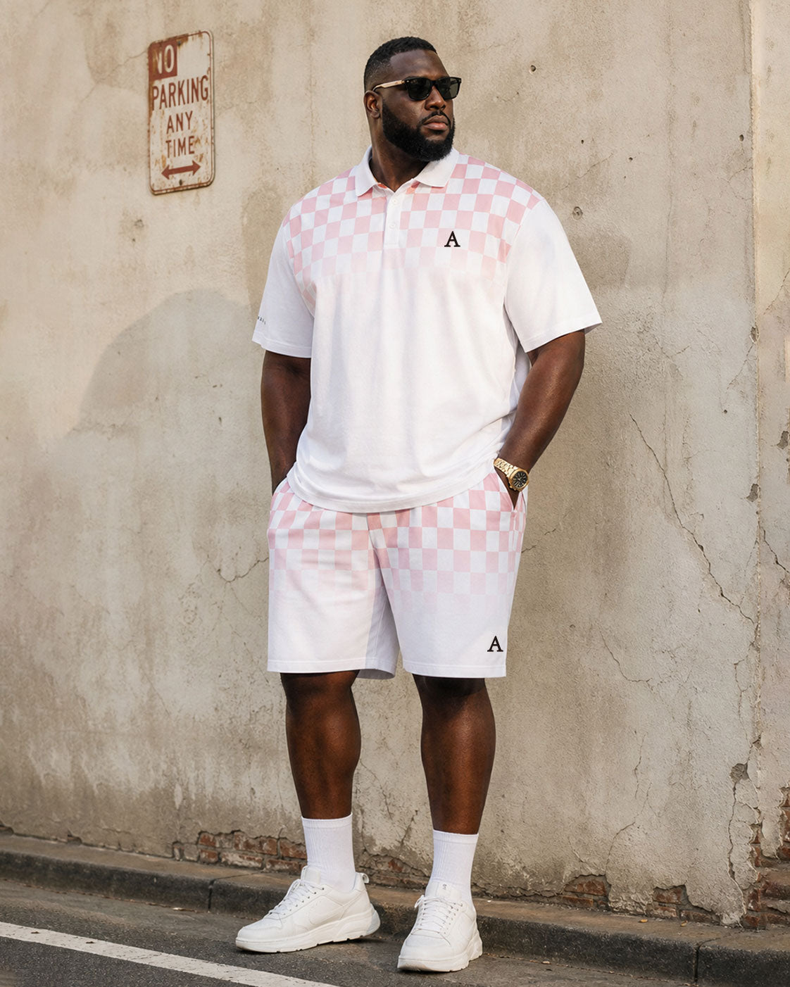Big & Tall Men's White & Pink Checkerboard Gradient Business POLO Shirt Short Sleeve Shorts Set