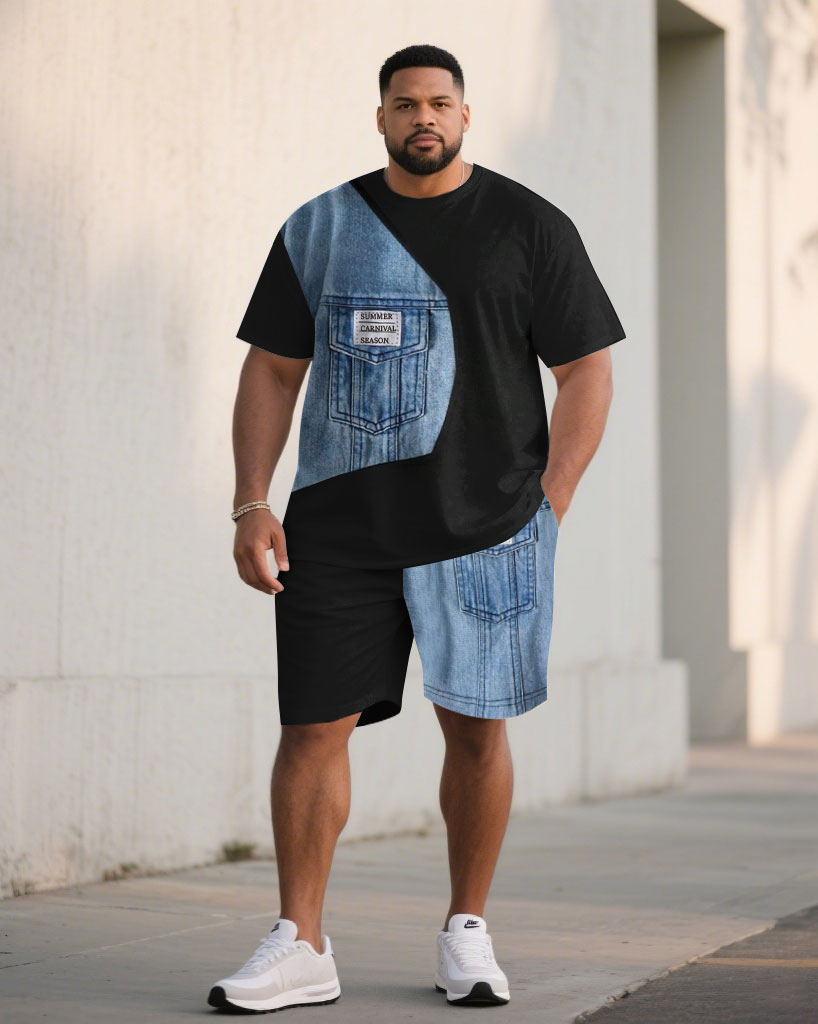 Men's Plus Size Denim Patchwork Letter Printed Short-Sleeved T-Shirt Shorts Set