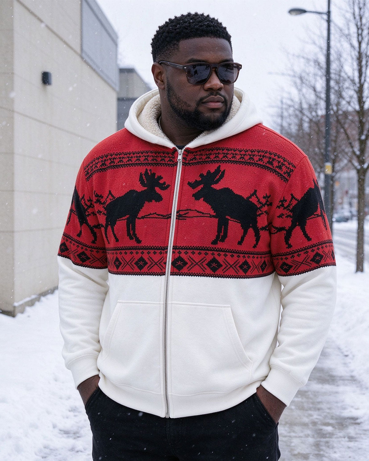 Large Size Men's Autumn And Winter Warm Fleece-lined Cold-proof Christmas White & Red Elk Mascot Casual Jacket Hooded Jacket