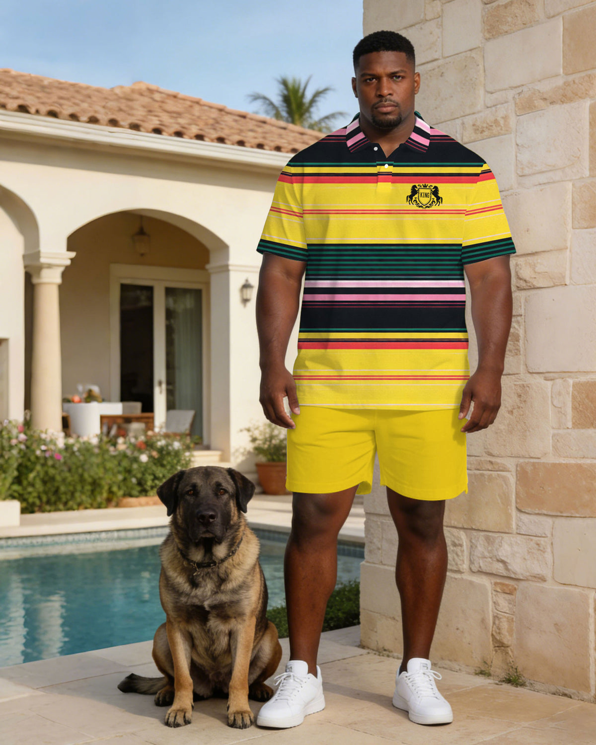 Business Casual Yellow Striped Polo Shirt Short Sleeve Set Large Size Men