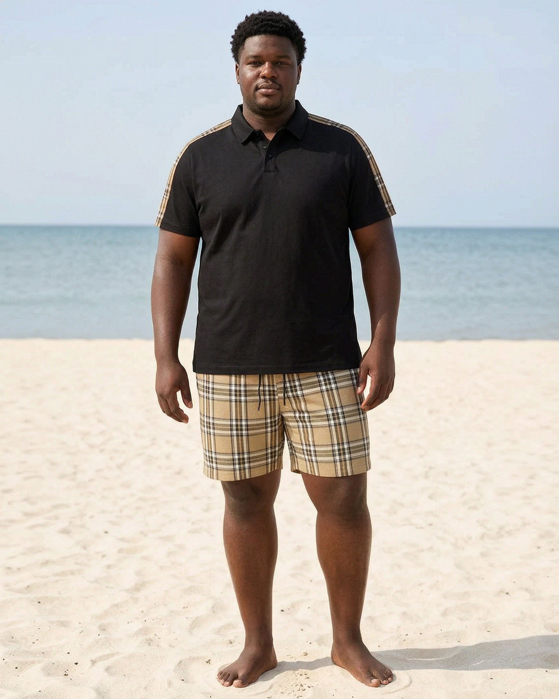 Big & Tall Men's Special Patchwork Plaid Black & Khaki POLO Short Sleeve Shorts Set