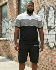 Big & Tall Men's Business Simple Chest Printed Short-sleeved POLO Shirt And Shorts Set