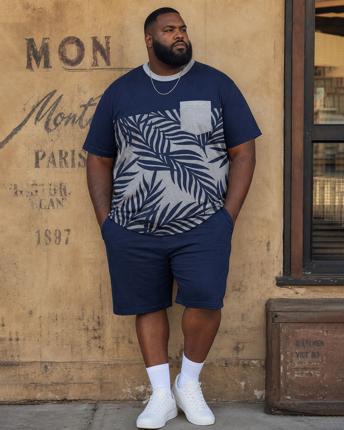 Big & Tall Men's Leaf Simple Printed Stitching Short Sleeve T-Shirt Shorts Set