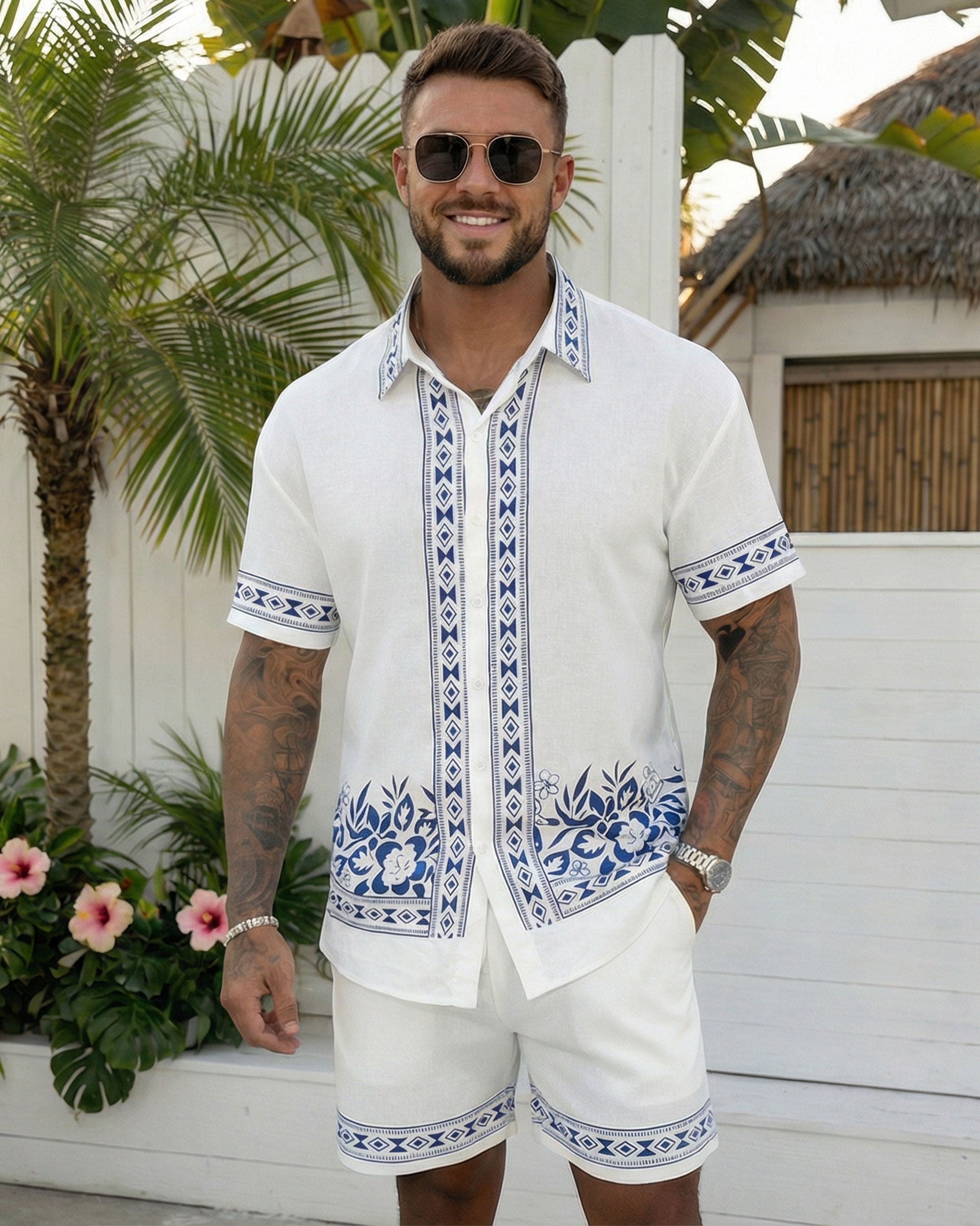 Big & Tall Men's Hawaiian Holiday Casual Party Gift Giving, Symmetrical Geometric Floral White Short Sleeve Shirt Shorts Set
