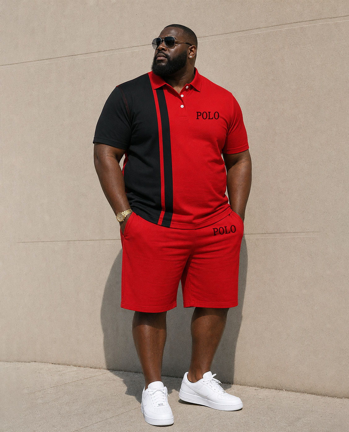 Big & Tall Men's Simple Daily Leisure Travel Black & Red Contrast Color Chest Small Label Printed POLO Shirt Short Sleeve Shorts Set