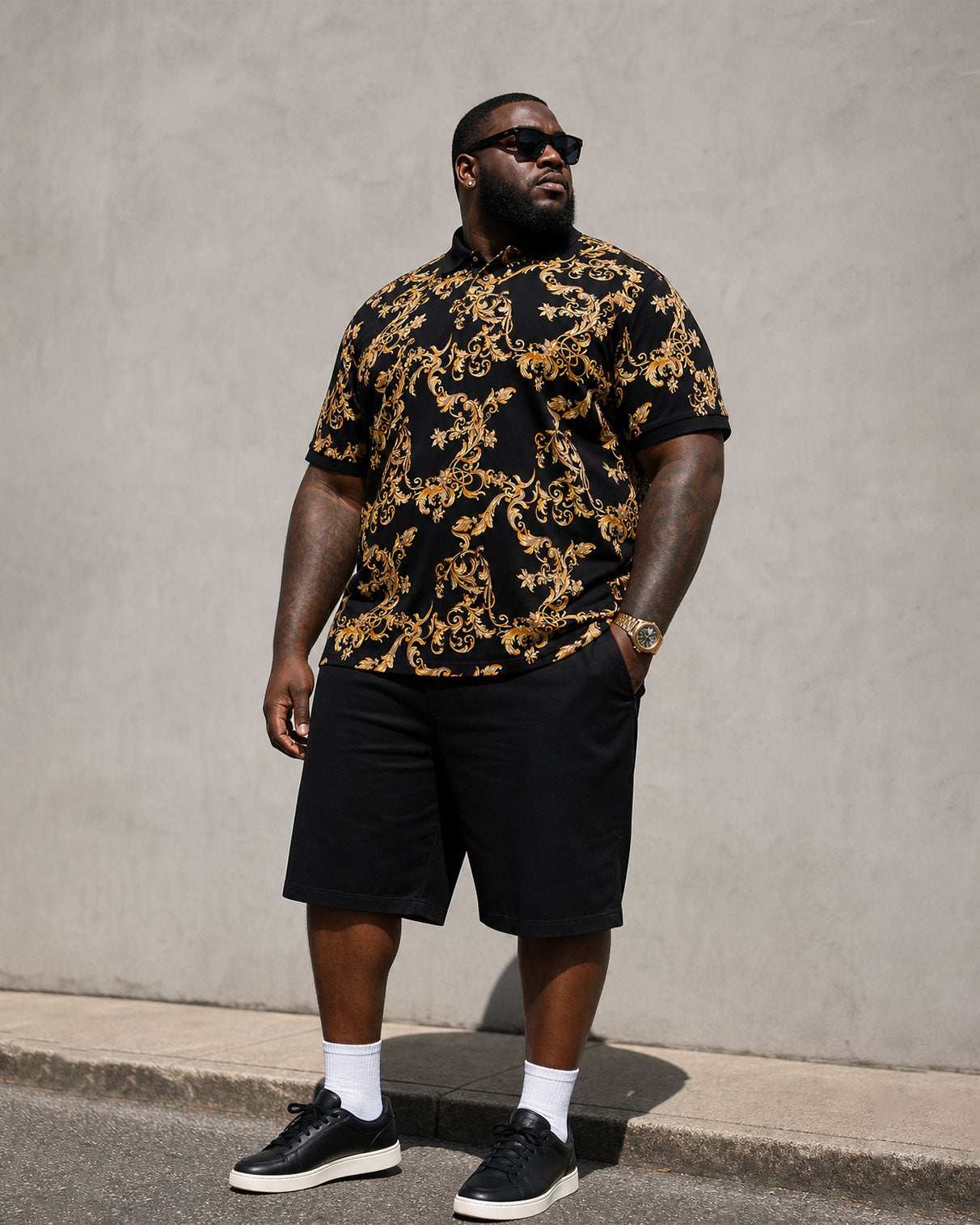 Big & Tall Men's Luxury Baroque Black & Gold Polo Shirt Short Sleeve Shorts Set