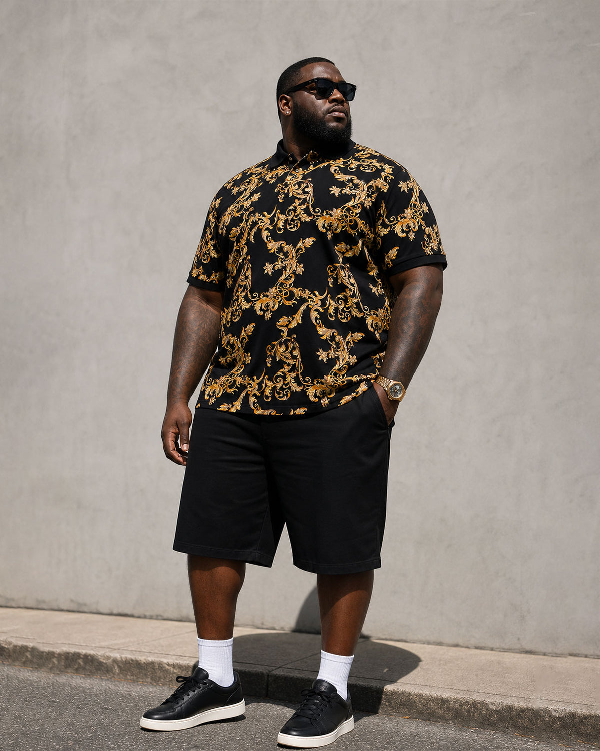 Big & Tall Men's Luxury Baroque Black & Gold Polo Shirt Short Sleeve Shorts Set