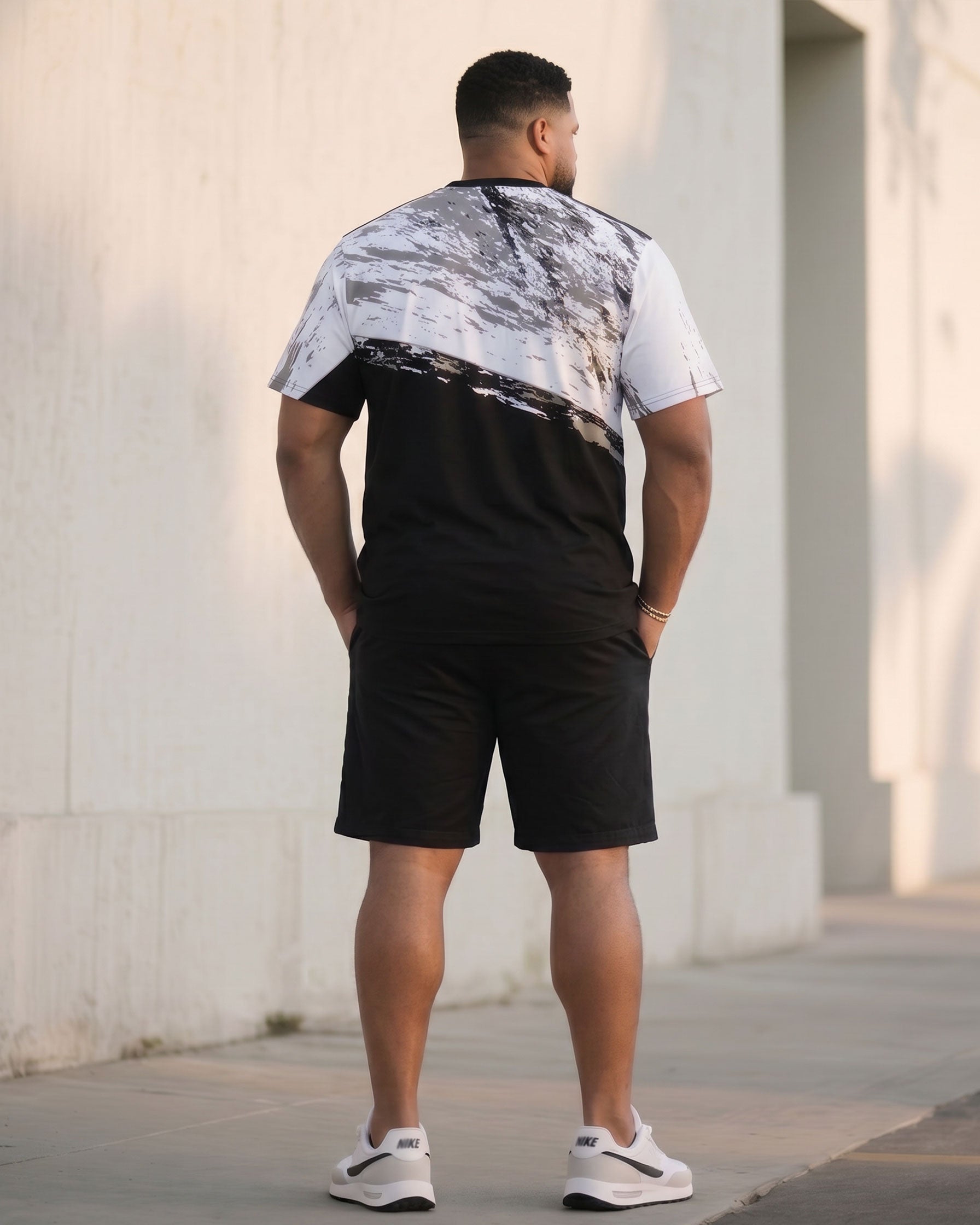Big & Tall Men's Ink Splicing Black T-Shirt Shorts Set
