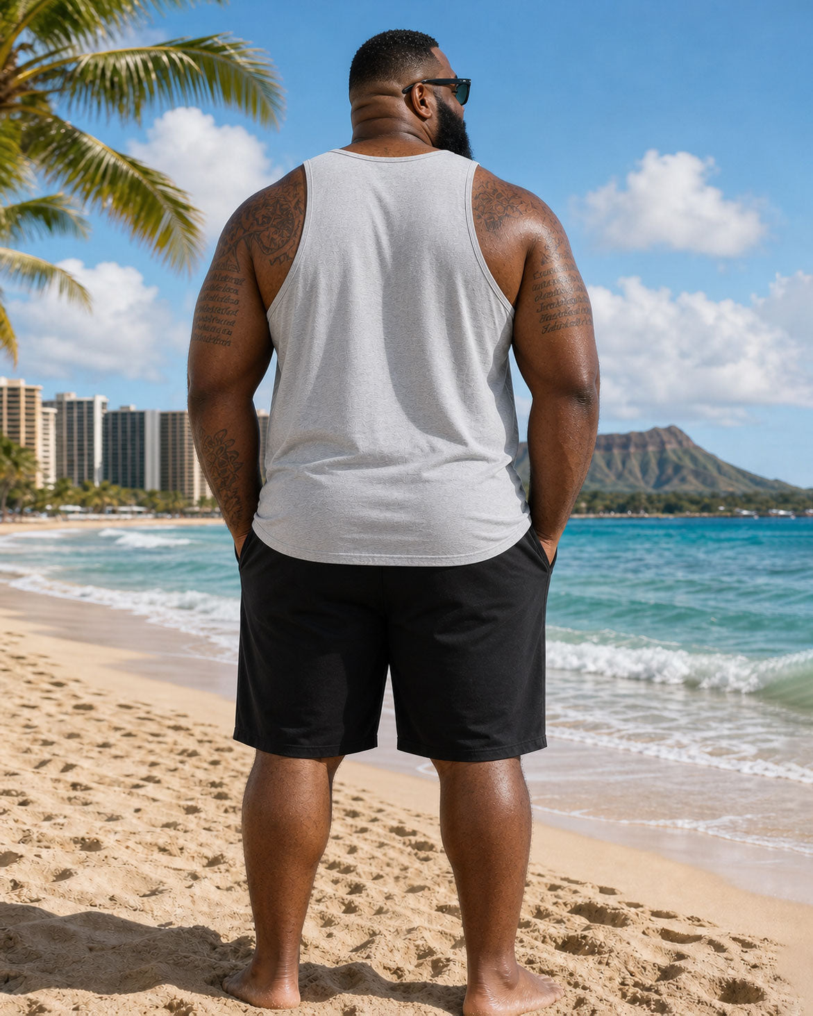 Big & Tall Men's Hawaiian Simple Casual Grey & Black Coconut Tree Silhouette Vest Shorts Set