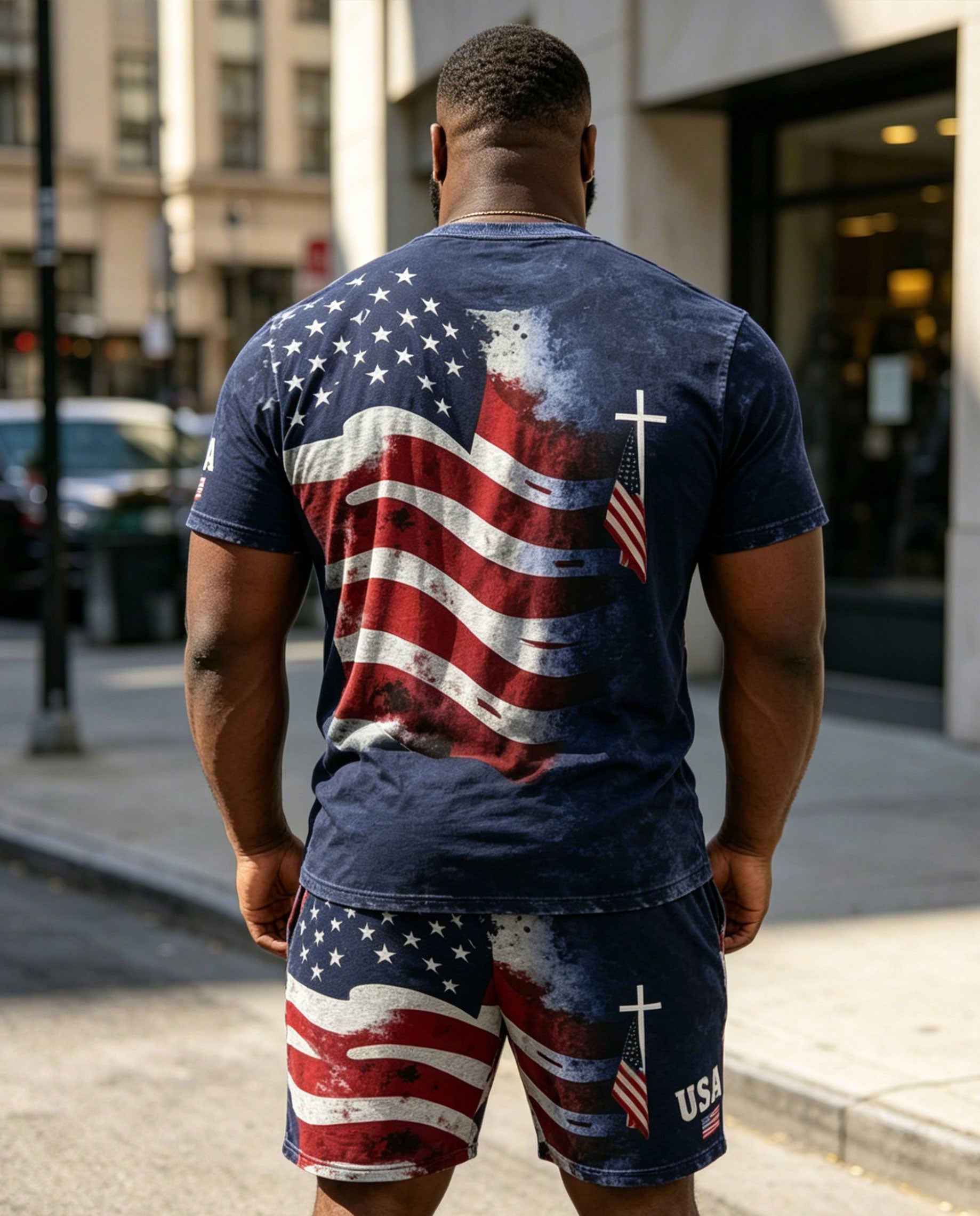 Big & Tall Men' 250 Anniversary Of The Founding Of The People's Republic Of China Short-sleeved T-shirt Shorts Set