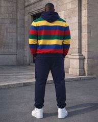 Large Size Men's Autumn And Winter Warm Rainbow Contrast Color Wide Stripe Printed Hoodie Sweatpants Set