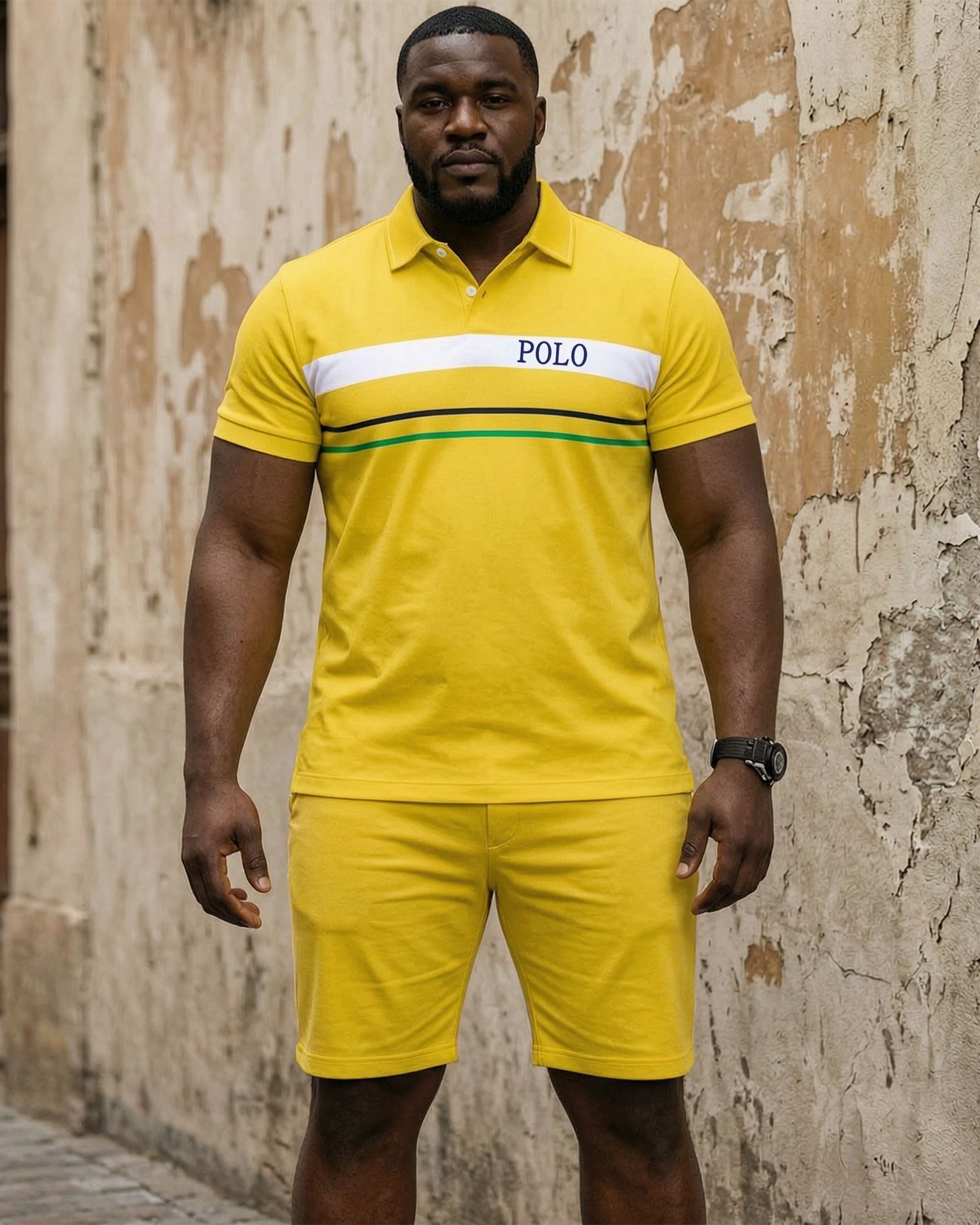 Big & Tall Men's Yellow Summer Vacation Leisure Daily Party Small Label Printed POLO Shirt Short Sleeve Shorts Set