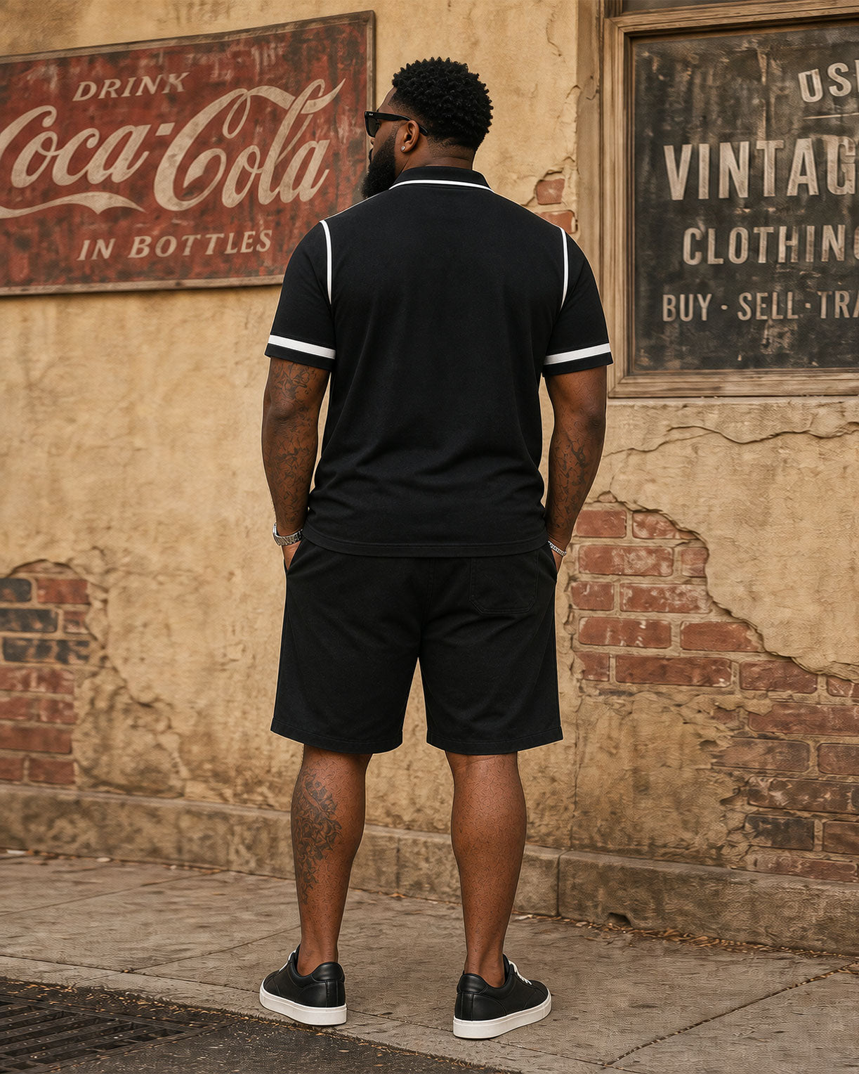 Big & Tall Men's Black & White Feature Contrast Design POLO Shirt Short Sleeve Shorts Set