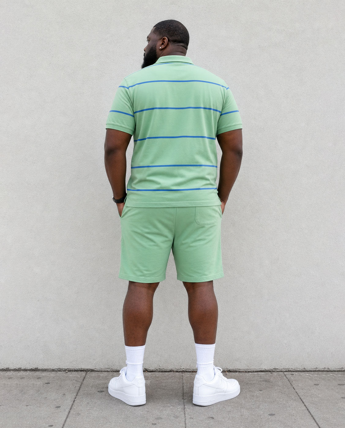 Big & Tall Men's Simple Daily Leisure Travel Business Vacation Green Striped POLO Shirt Short Sleeve Shorts Set