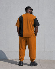 Big & Tall Men's Orange & Black Contrast Color Stitching Chest Small Label Printing Simple Daily Travel Party Short Sleeve T-Shirt Pants Set