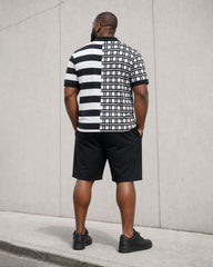 Big & Tall Men's Plaid & Stripe Stitching Positioning Printed Black & White Short-sleeved POLO Shirt Short-sleeved Shorts Set
