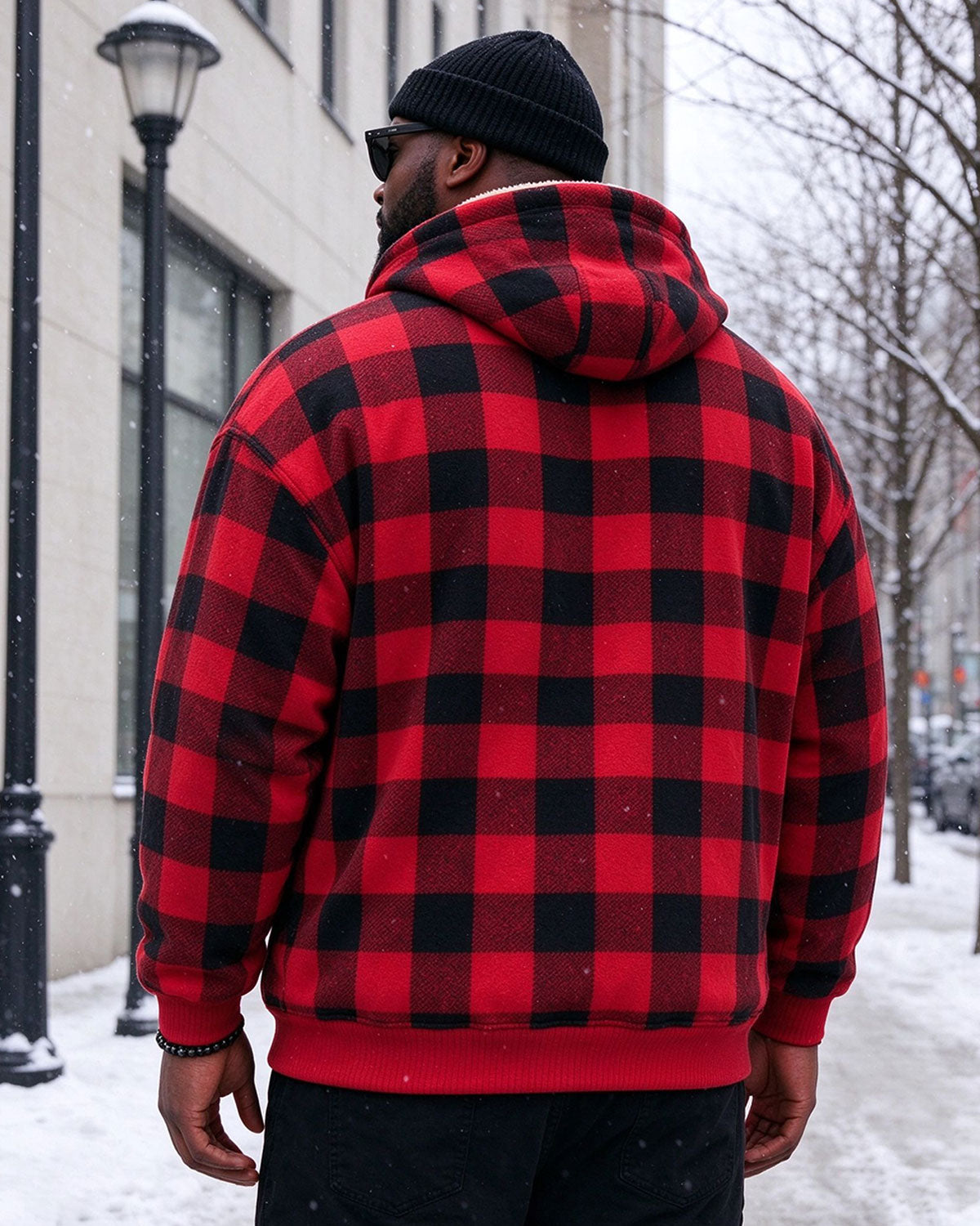Large Size Men's Autumn And Winter Warm Fleece-lined Cold-proof Christmas Daily Red Plaid Casual Jacket Hooded Jacket