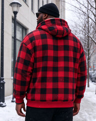 Large Size Men's Autumn And Winter Warm Fleece-lined Cold-proof Christmas Daily Red Plaid Casual Jacket Hooded Jacket