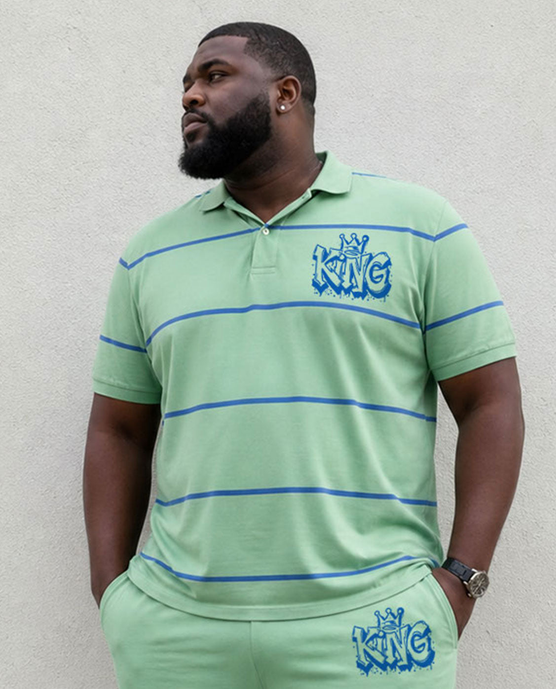 Big & Tall Men's Simple Daily Leisure Travel Business Vacation Green Striped POLO Shirt Short Sleeve Shorts Set