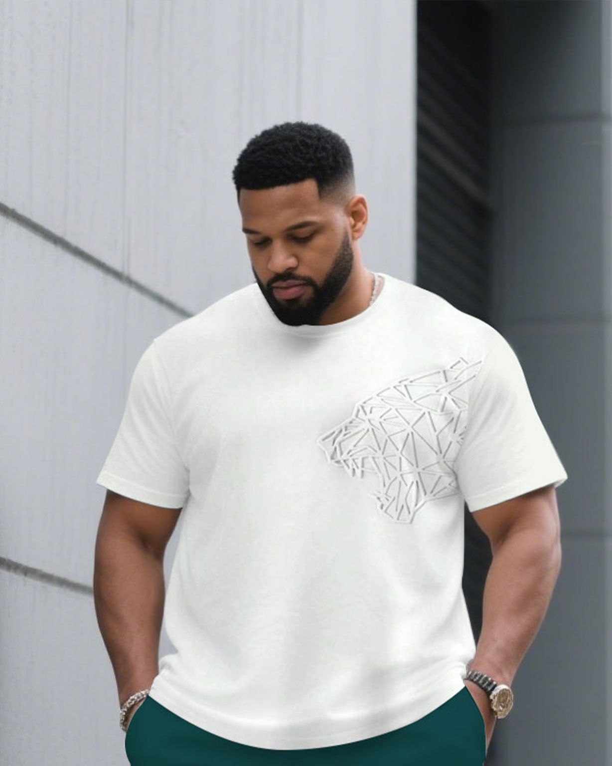 Big & Tall Men' Simple Top Line Geometric Tiger Jacquard High-end Short-sleeved T-shirt Shorts Set