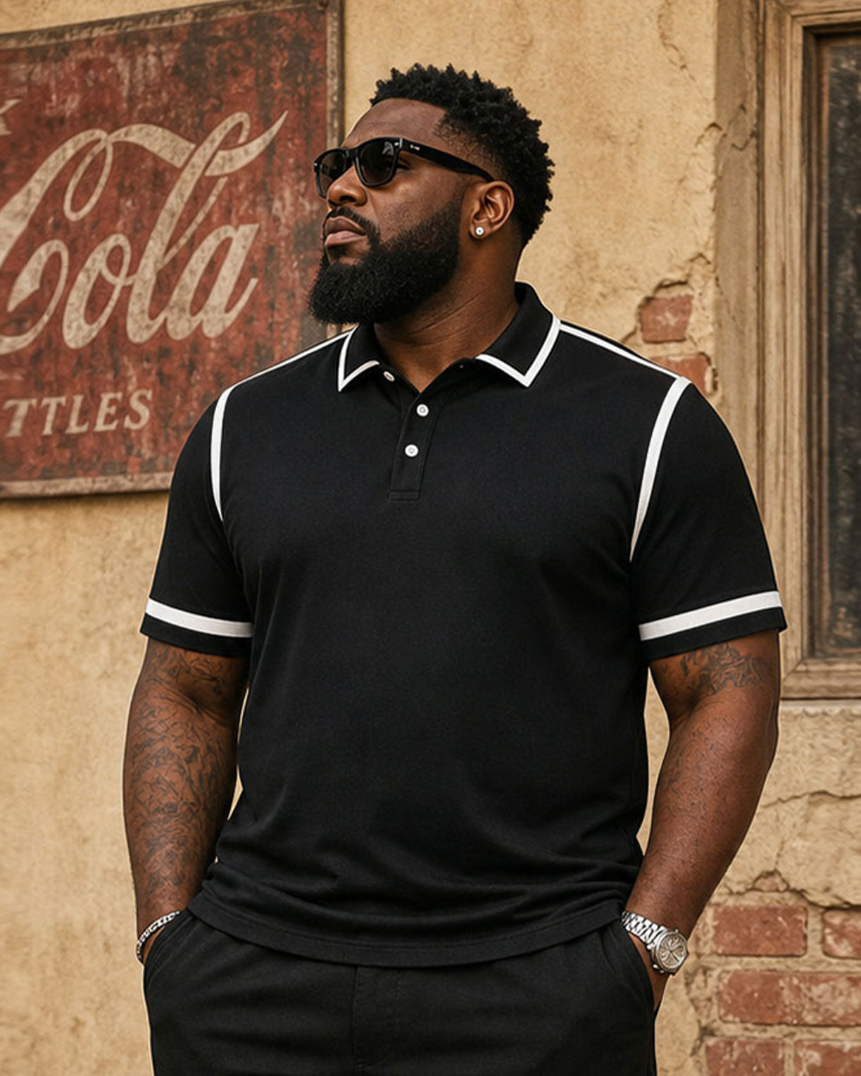 Big & Tall Men's Black & White Feature Contrast Design POLO Shirt Short Sleeve Shorts Set