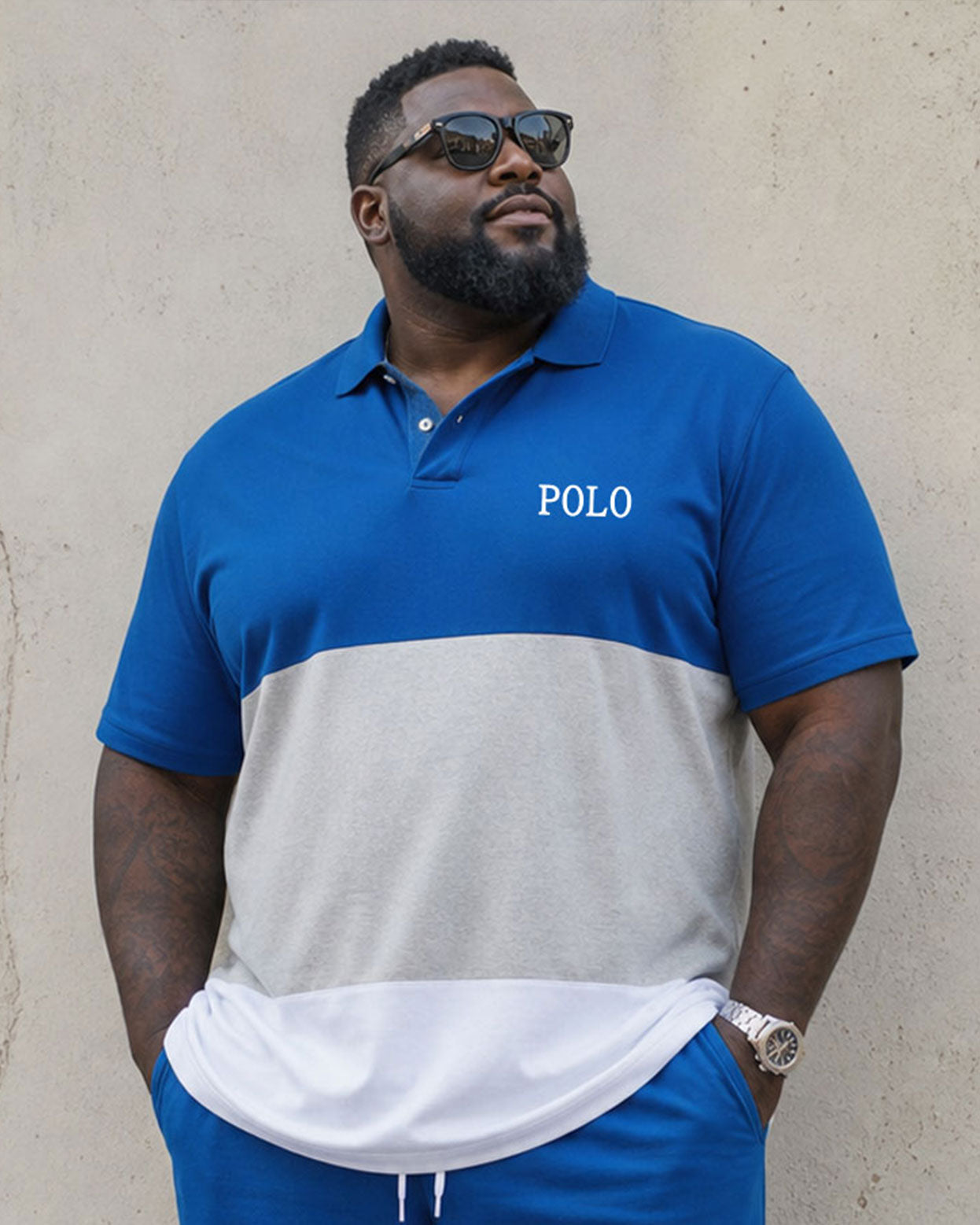 Big & Tall Men's Blue Large Stitching Simple Polo Shirt Short Sleeve Shorts Suit