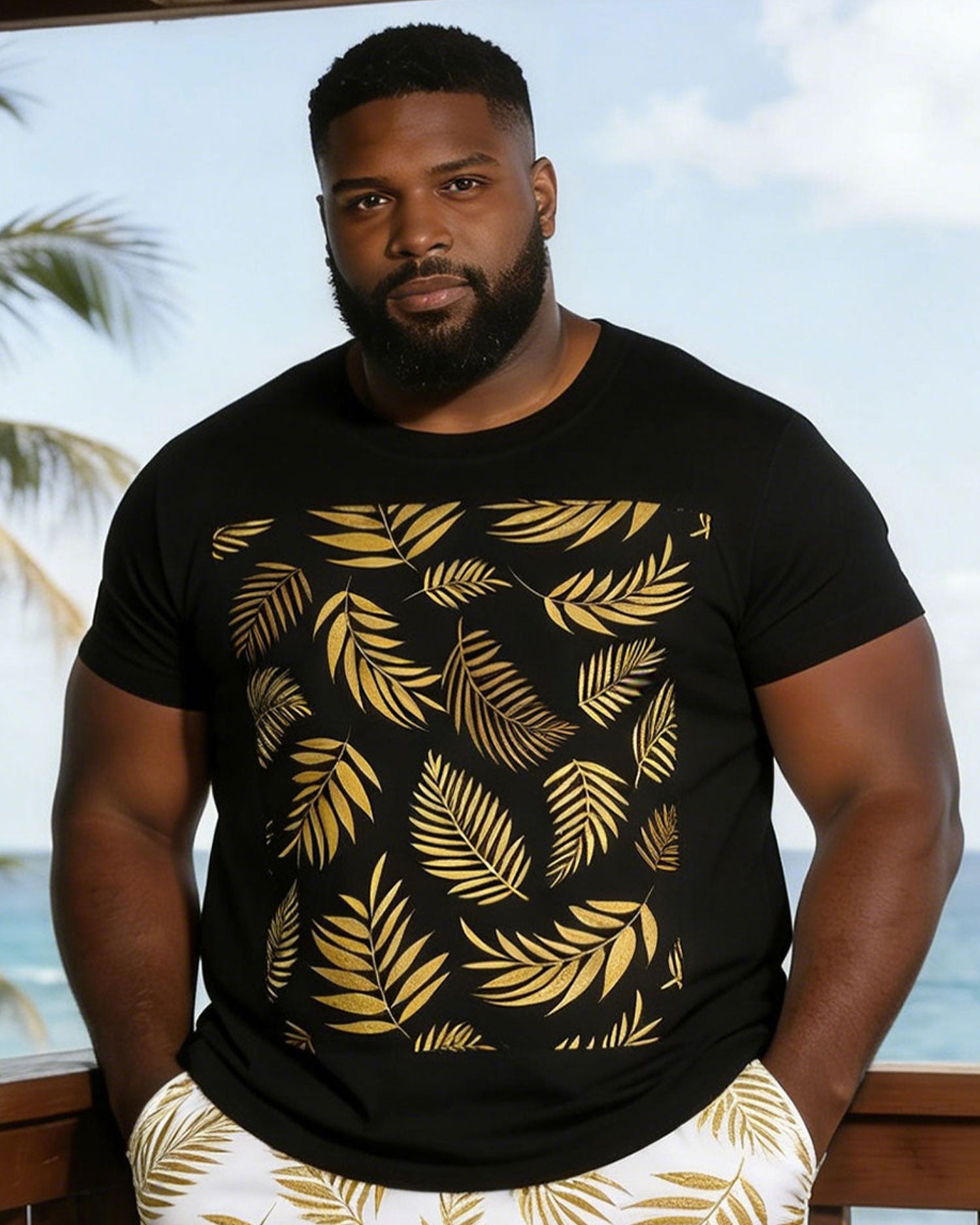 Holiday Simple Hawaiian Coconut Gold Print Short-sleeved T-shirt Shorts Set Large Size Men