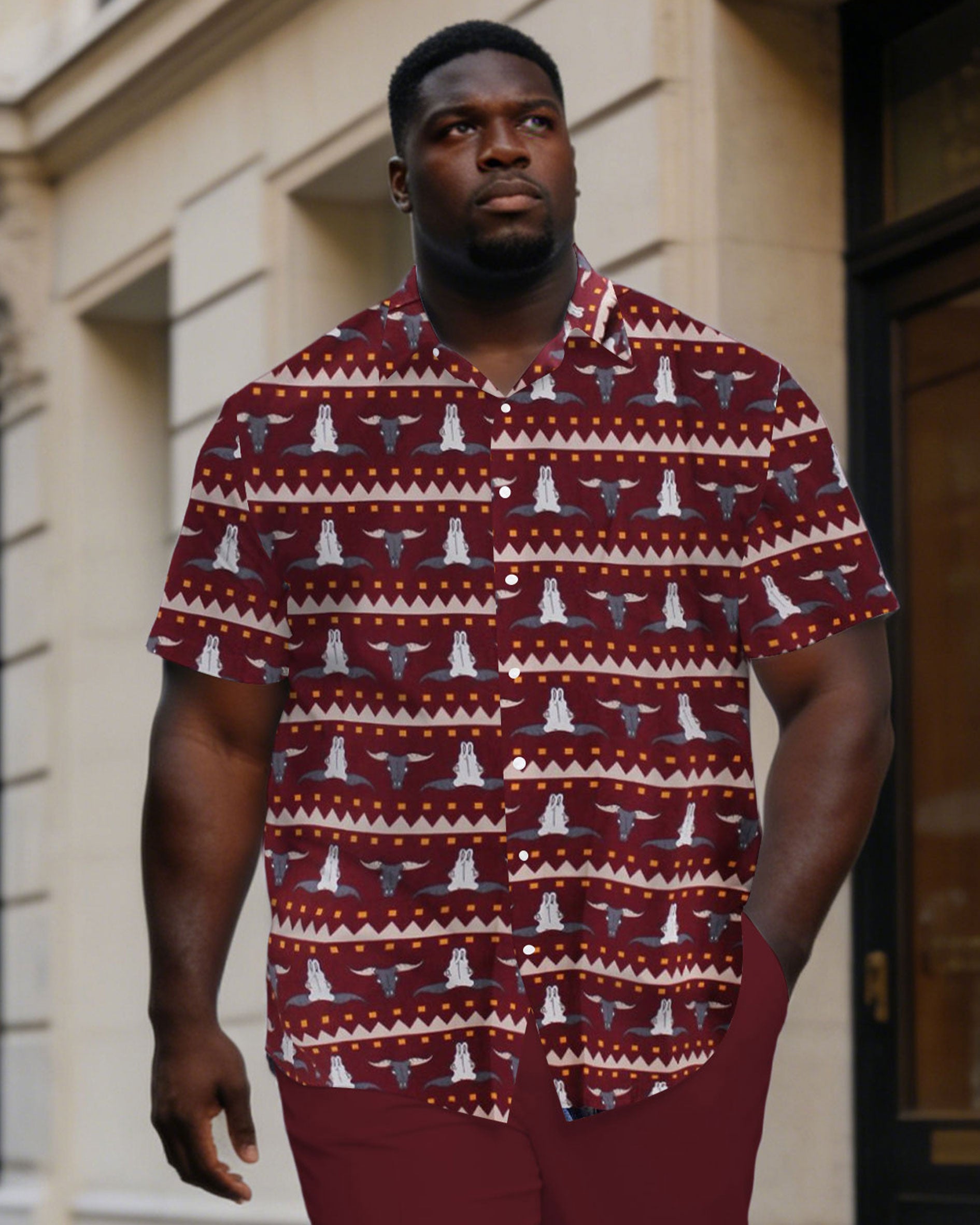 Big & Tall Men's Western Tauren Classic Printed Short-sleeved Shirt Pants Set