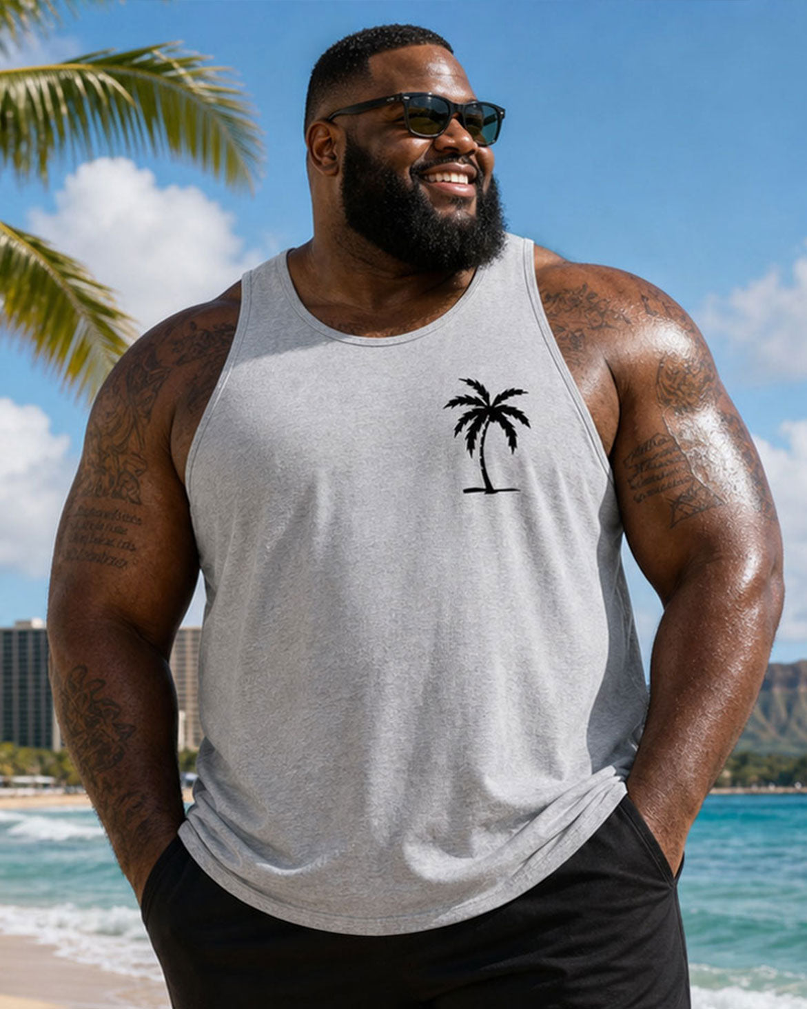 Big & Tall Men's Hawaiian Simple Casual Grey & Black Coconut Tree Silhouette Vest Shorts Set