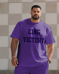 Men's Large Size Slogan "King Victory" Simple Printed Short Sleeve T-Shirt Shorts Set