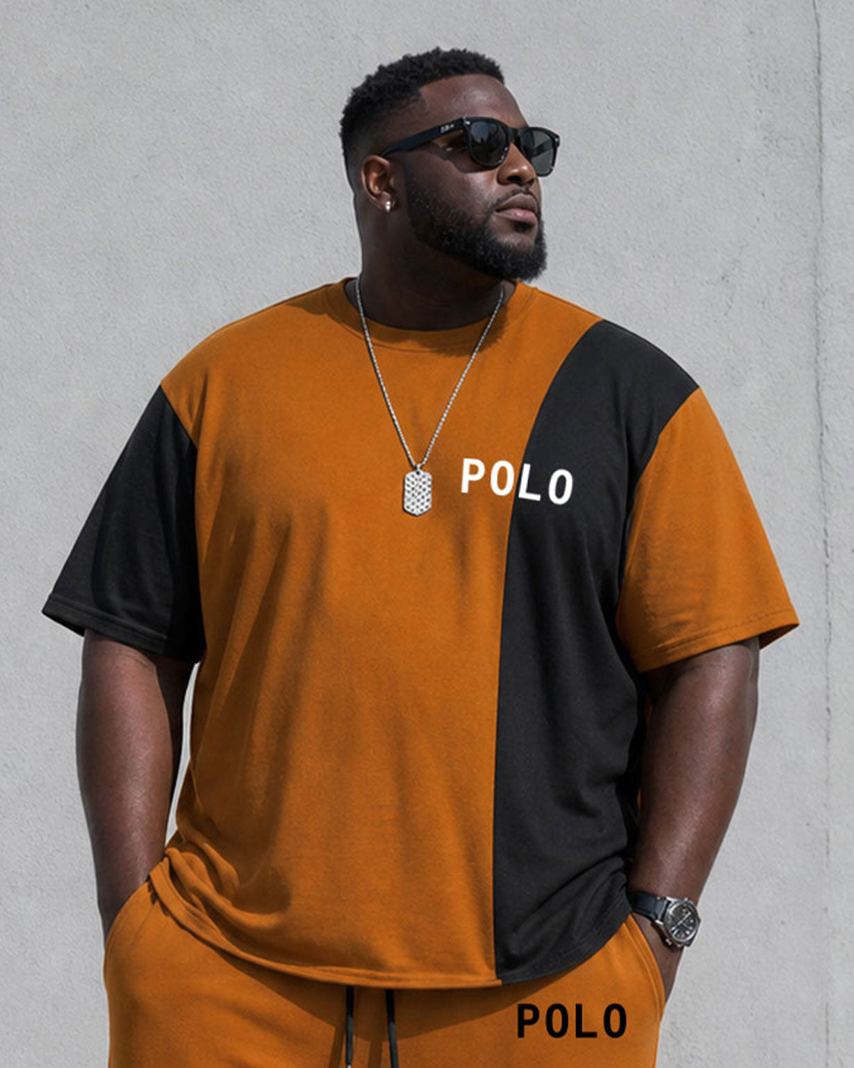 Big & Tall Men's Orange & Black Contrast Color Stitching Chest Small Label Printing Simple Daily Travel Party Short Sleeve T-Shirt Pants Set