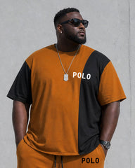 Big & Tall Men's Orange & Black Contrast Color Stitching Chest Small Label Printing Simple Daily Travel Party Short Sleeve T-Shirt Pants Set