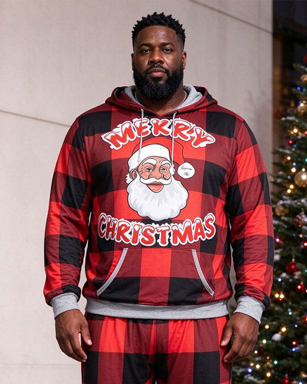 Large Size Men's Autumn And Winter Warm Red Check Characteristic Santa Claus Hoodie Sweatpants Set