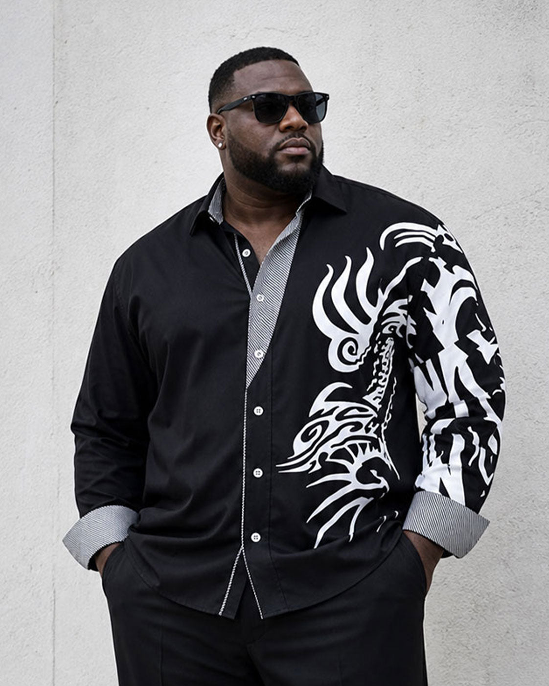 Big & Tall Men's Black Business Features Stitching Positioning Printed Long Sleeve Shirt Trousers Suit