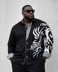 Big & Tall Men's Black Business Features Stitching Positioning Printed Long Sleeve Shirt Trousers Suit