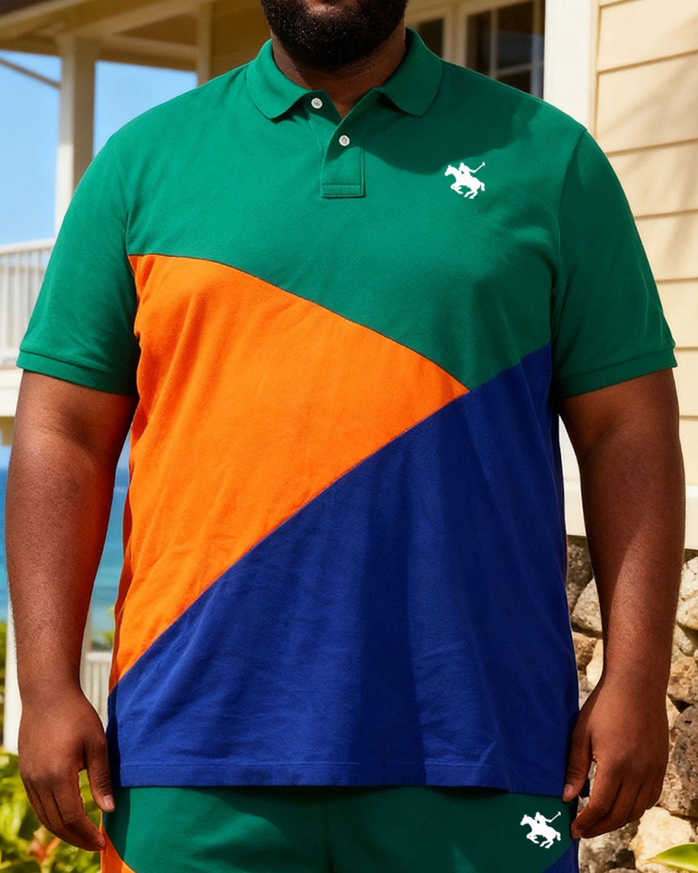 Big & Tall Men's Green & Orange & Blue Large Triangle Contrast Polo Shirt Shorts Set