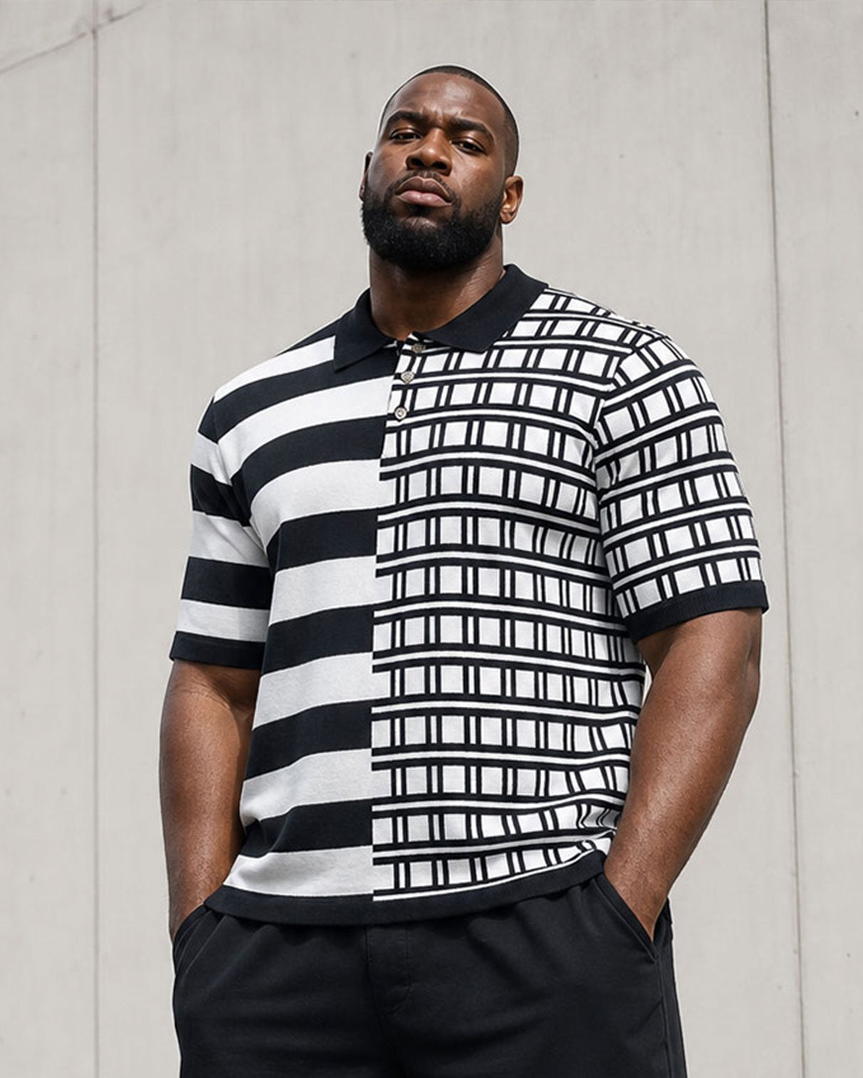 Big & Tall Men's Plaid & Stripe Stitching Positioning Printed Black & White Short-sleeved POLO Shirt Short-sleeved Shorts Set